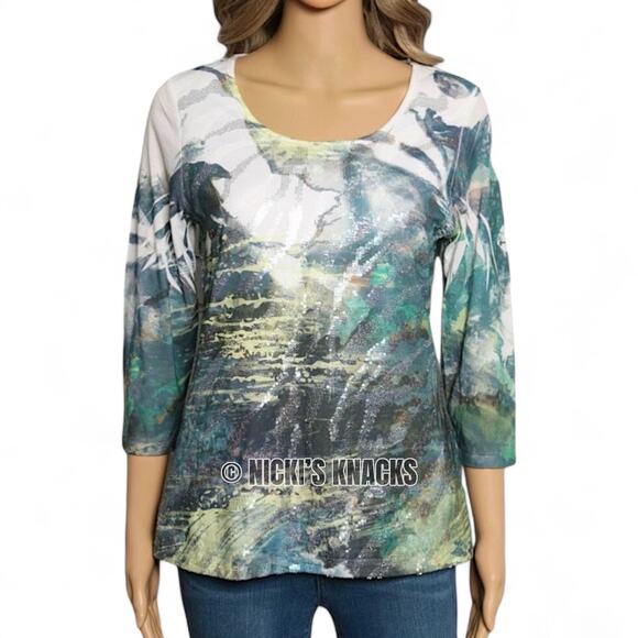 Coldwater Creek Multicolor Abstract Sequin Embellished 3/4 Sleeve Top Size XS - Picture 2 of 9